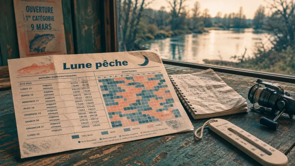 Calendrier lune pêche : lire les périodes majeures, le score horaire et la météo