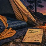 Materiel bivouac : tente, tapis, matelas isolant et 1500 Schmerber au crépuscule