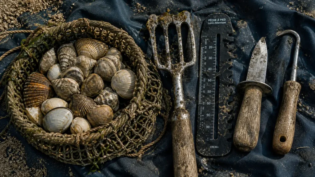 Matériel pour la pêche à pied : panier, griffe, crochet, détroquoir et réglette