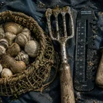 Materiel pour peche a pied : panier, griffe, crochet, detroquoir et reglette
