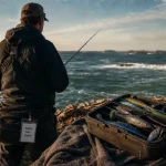 Peche le bar au leurre : boîtes de shads, baïnes et jigs sur une plage rocheuse