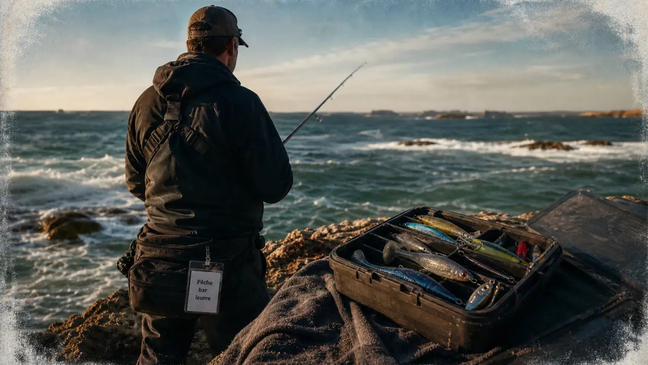 Peche le bar au leurre : boîtes de shads, baïnes et jigs sur une plage rocheuse