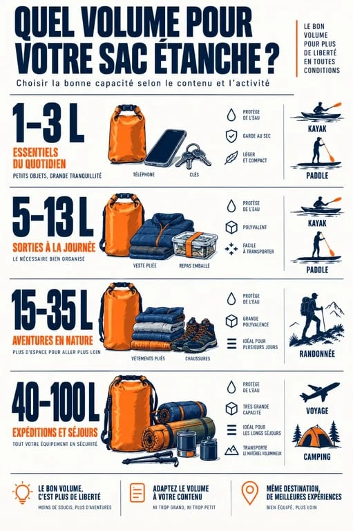 Infographie des volumes de sac étanche et des équipements transportés selon l’activité