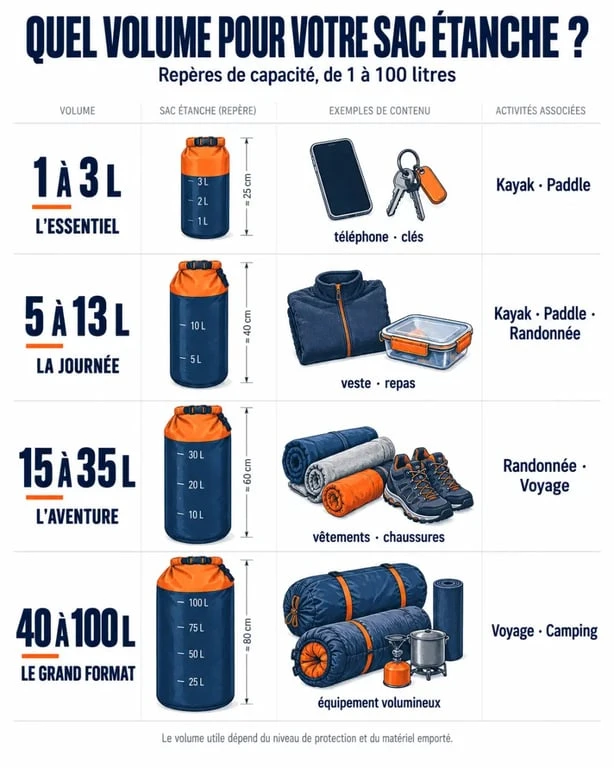 Infographie des volumes de sac étanche et des équipements transportés selon l’activité
