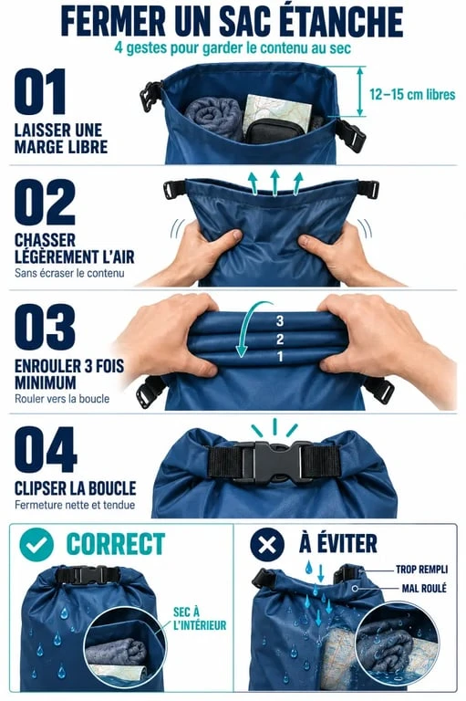 Étapes de fermeture correcte d’un sac étanche à enroulement