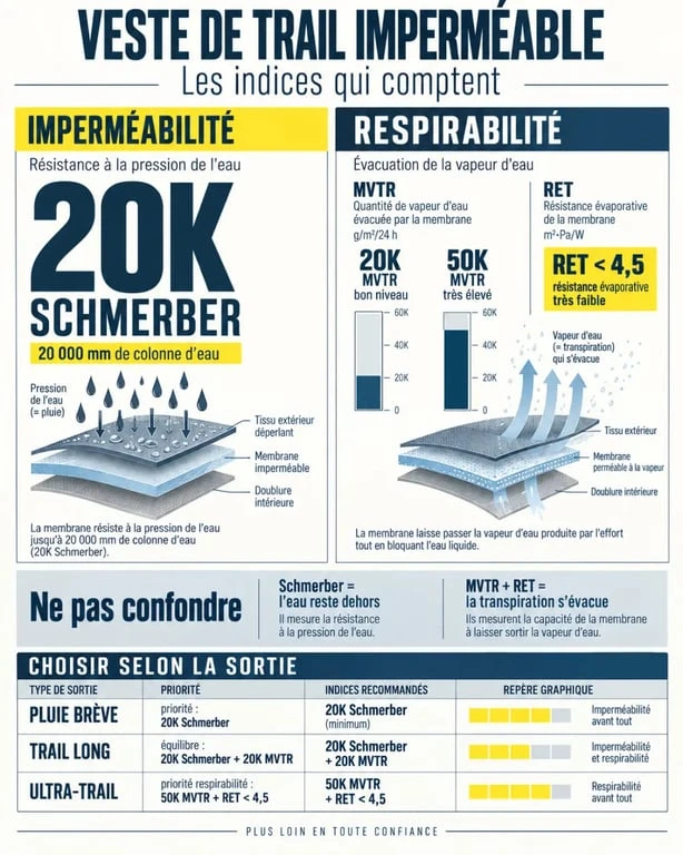 Infographie des critères d’une veste de trail imperméable : Schmerber, MVTR et RET