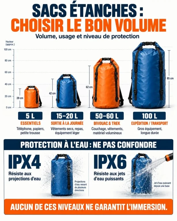 Infographie sur les volumes, usages et indices de protection d’un sac étanche Decathlon