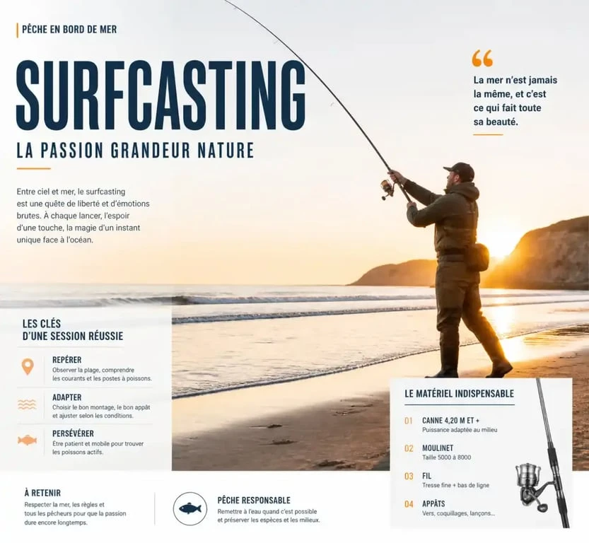 Pêcheur pratiquant le surfcasting à Guidel pour le Guidel Surf Casting Club