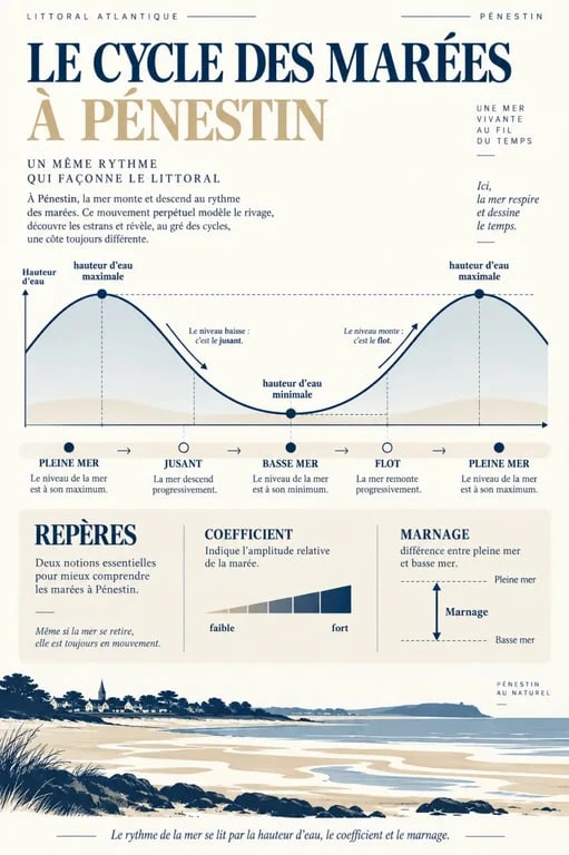 Infographie expliquant les horaires des marées à Pénestin, le coefficient, le marnage et l’alternance entre pleine mer et basse mer