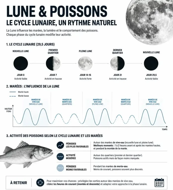 Infographie explicative du calendrier lunaire pêche et des périodes d'activité des poissons