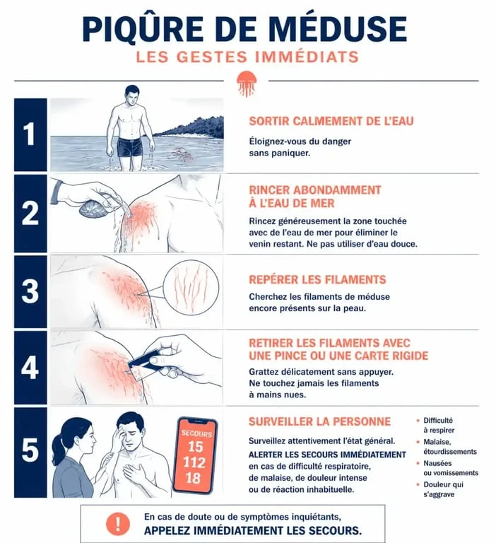 Piqûre de méduse : illustration des gestes immédiats à effectuer