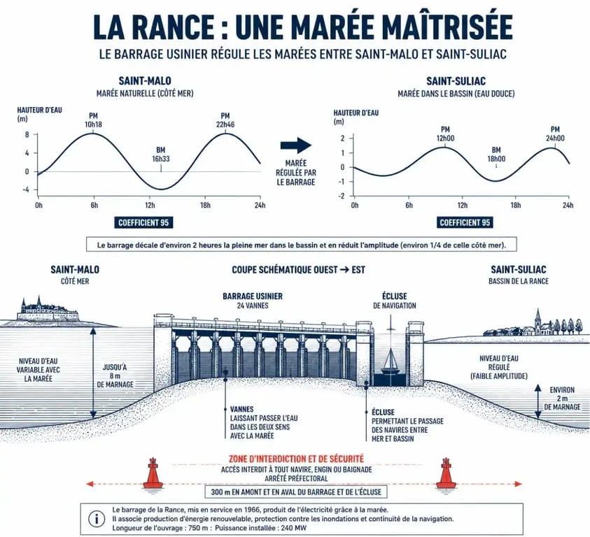 Schéma du barrage de la Rance illustrant l'horaire des marées en Rance et le décalage avec la mer