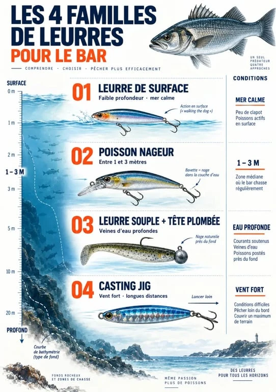 Infographie des familles de leurres bar selon la profondeur et les conditions de pêche