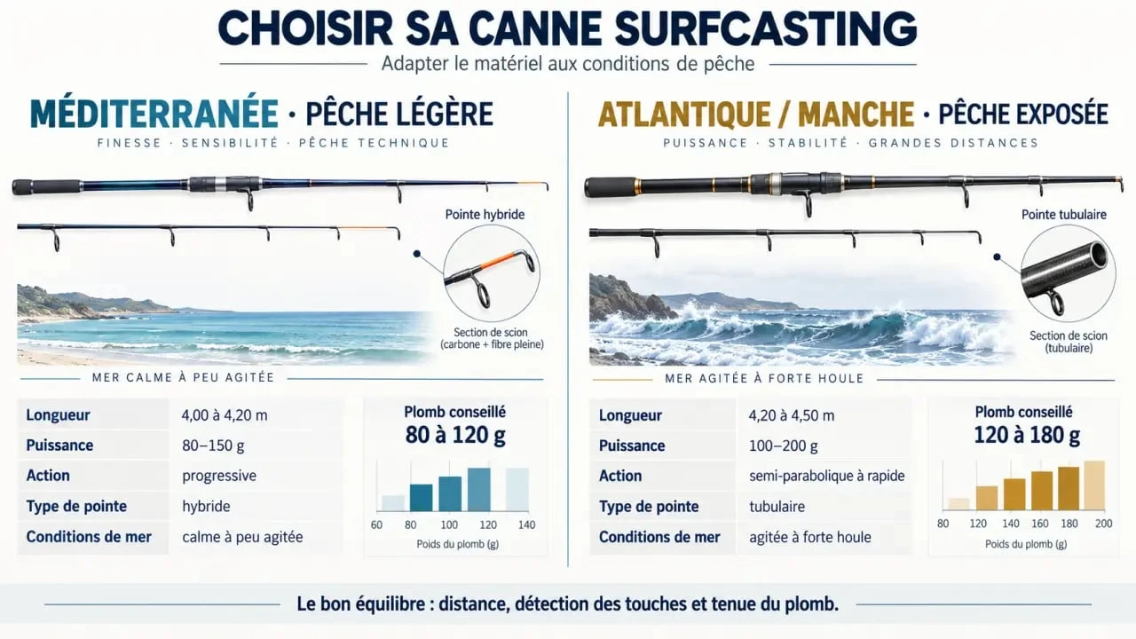 Infographie pour choisir une canne surfcasting selon la mer, la puissance et le type de pointe