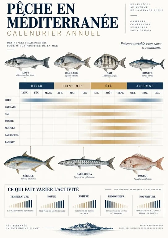 Calendrier de pêche en mer Méditerranée par mois et par espèce