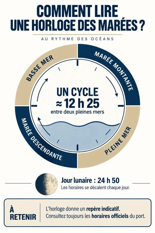 Infographie expliquant le fonctionnement d’une horloge des marées et ses quatre phases