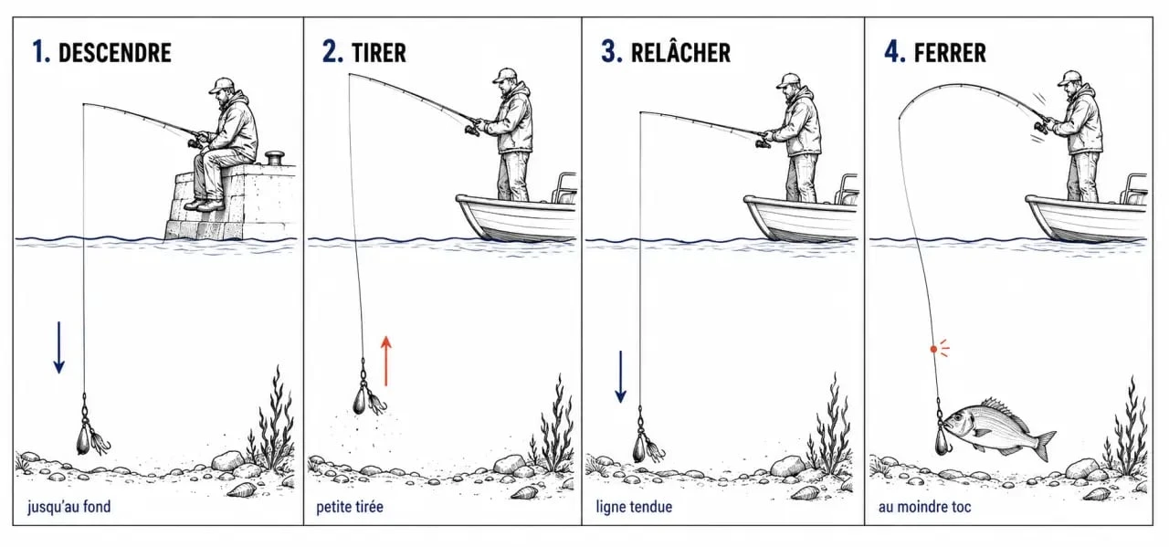 Séquence de pêche à la dandine montrant tirée, relâché, pause et ferrage