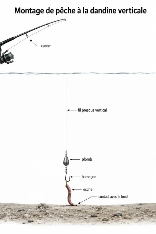 Schéma du montage de pêche à la dandine avec ligne verticale et plomb au fond