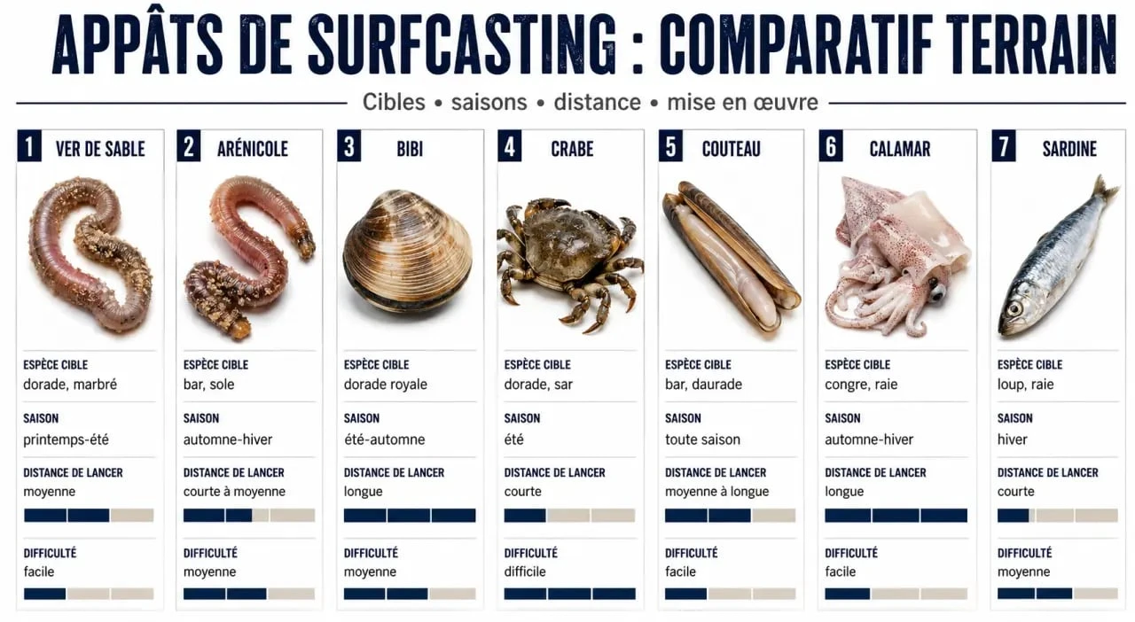 Appat surfcasting : visuel comparatif des meilleurs appâts selon l'espèce, la saison et la distance de lancer