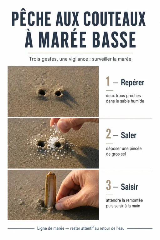 Comment pecher les couteaux : repérage des trous dans le sable, gros sel et extraction à marée basse