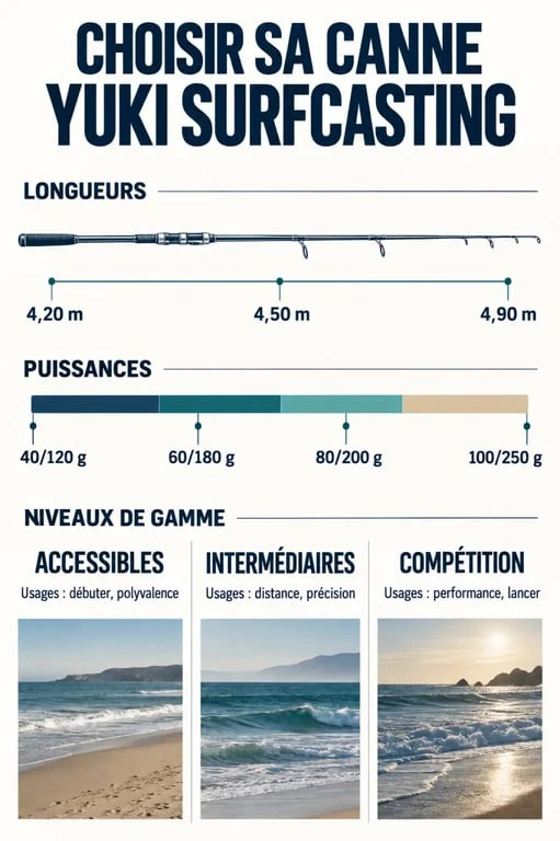 Infographie pour choisir une canne Yuki surfcasting selon la longueur et la puissance