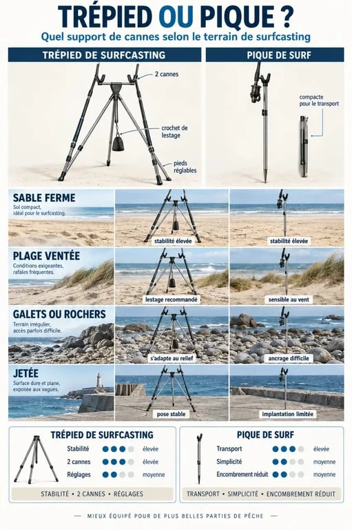Infographie sur le choix d’un trépied surfcasting selon le terrain et les conditions de pêche