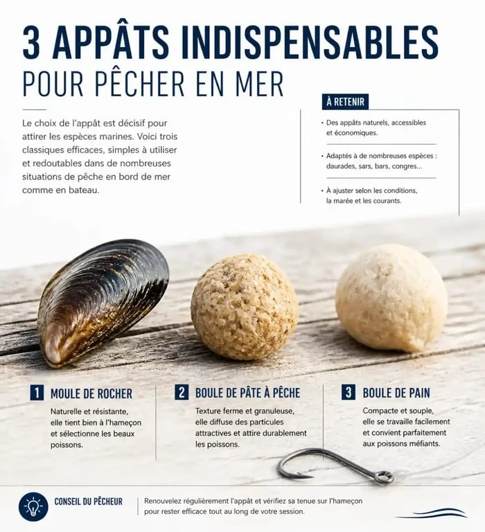 Différents types d'appât de pêche en mer fait maison : moule, pâte et pain