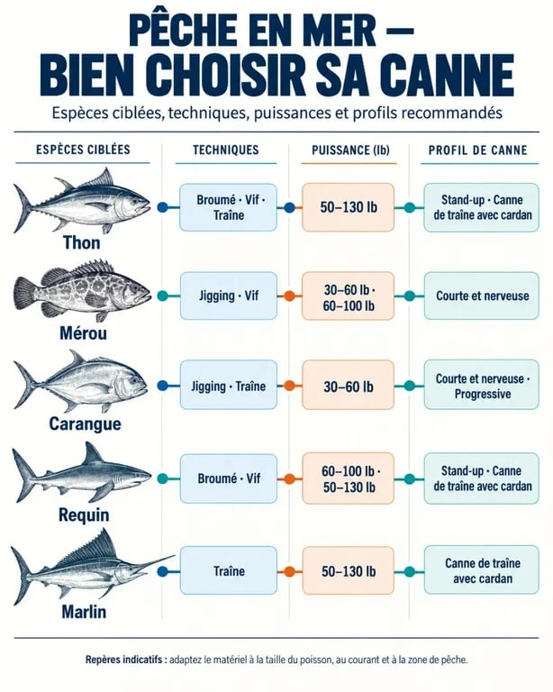Infographie pour choisir une canne à pêche mer pour gros poisson selon l’espèce, la technique et la puissance