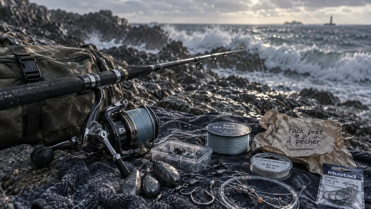 Ensemble surfcasting et pack prêt à pêcher, canne sur digue rocheuse