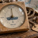 Horloge des marées sur table en bois, aiguille vers pleine mer