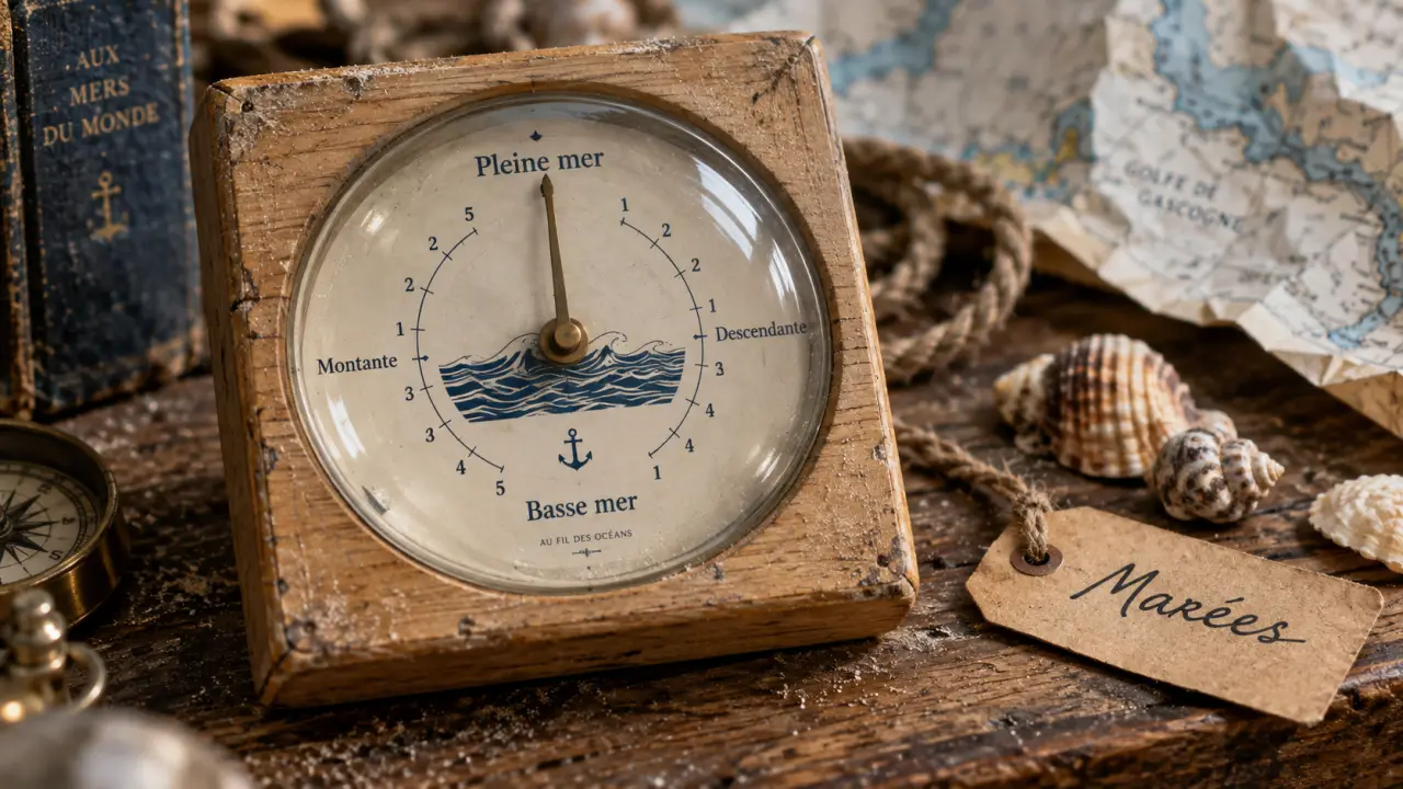 Horloge des marées sur table en bois, aiguille vers pleine mer