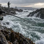 Pêche bord de mer au leurre, main tenant une canne au bord de l’eau sur une jetée