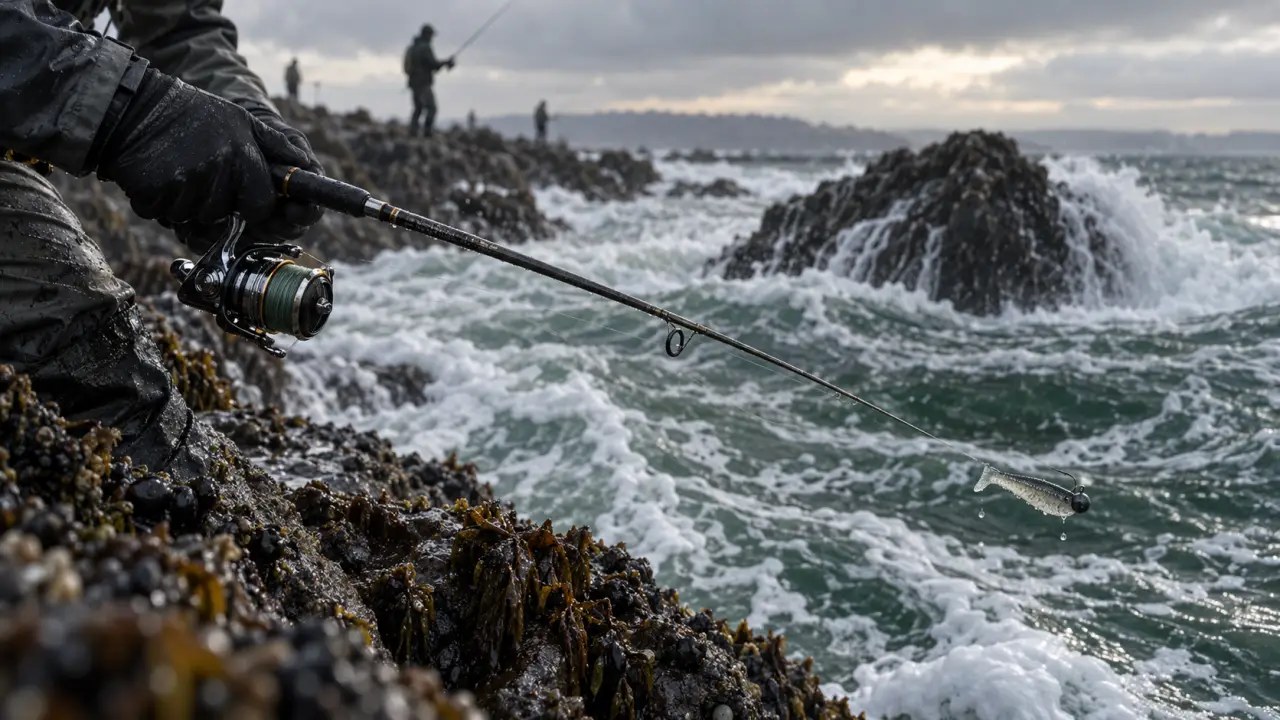 Pêche bord de mer au leurre, main tenant une canne au bord de l’eau sur une jetée