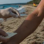 Piqûre de meduse : retrait des filaments et rincer à l’eau de mer sur une plage