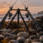 Trepied surfcasting stable sur plage de galets