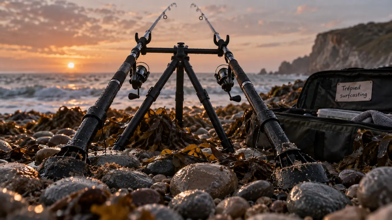 Trepied surfcasting stable sur plage de galets