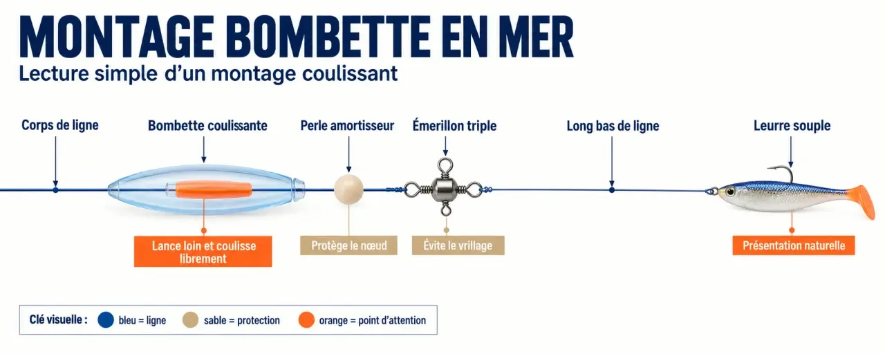 Schéma du montage pêche à la bombette en mer avec bombette, perle amortisseur, émerillon triple, bas de ligne et leurre