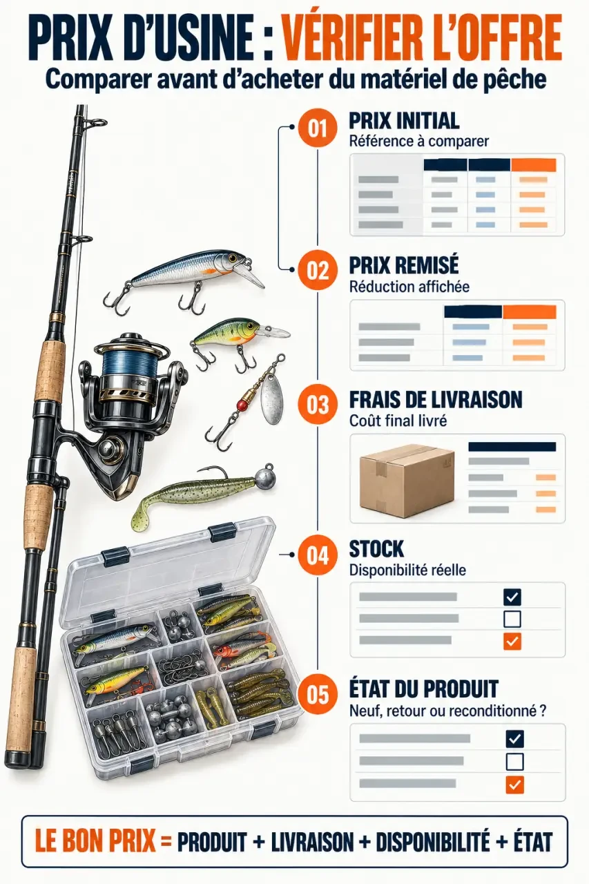 Infographie pour comparer du matériel de pêche à prix d'usine et vérifier la remise