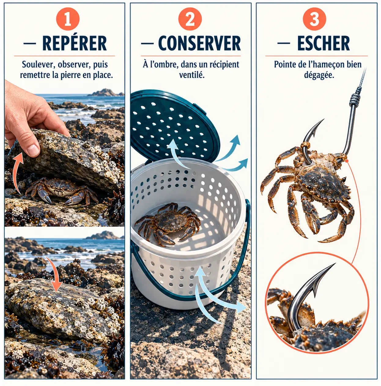 Illustration des étapes de la pêche au crabe bord de mer, de la capture à l’eschage