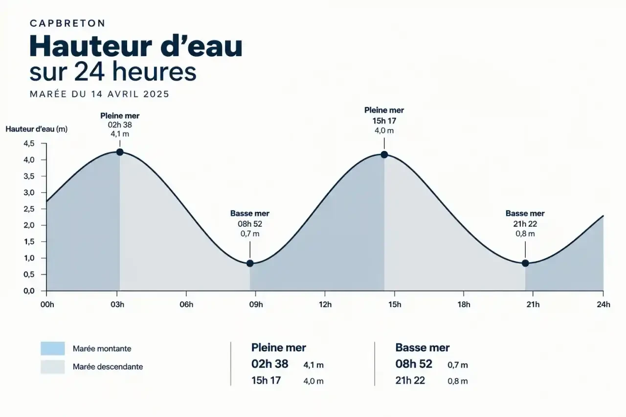 Courbe de la hauteur d'eau illustrant les horaires des marées à Capbreton, avec pleine mer, basse mer, marée montante et descendante