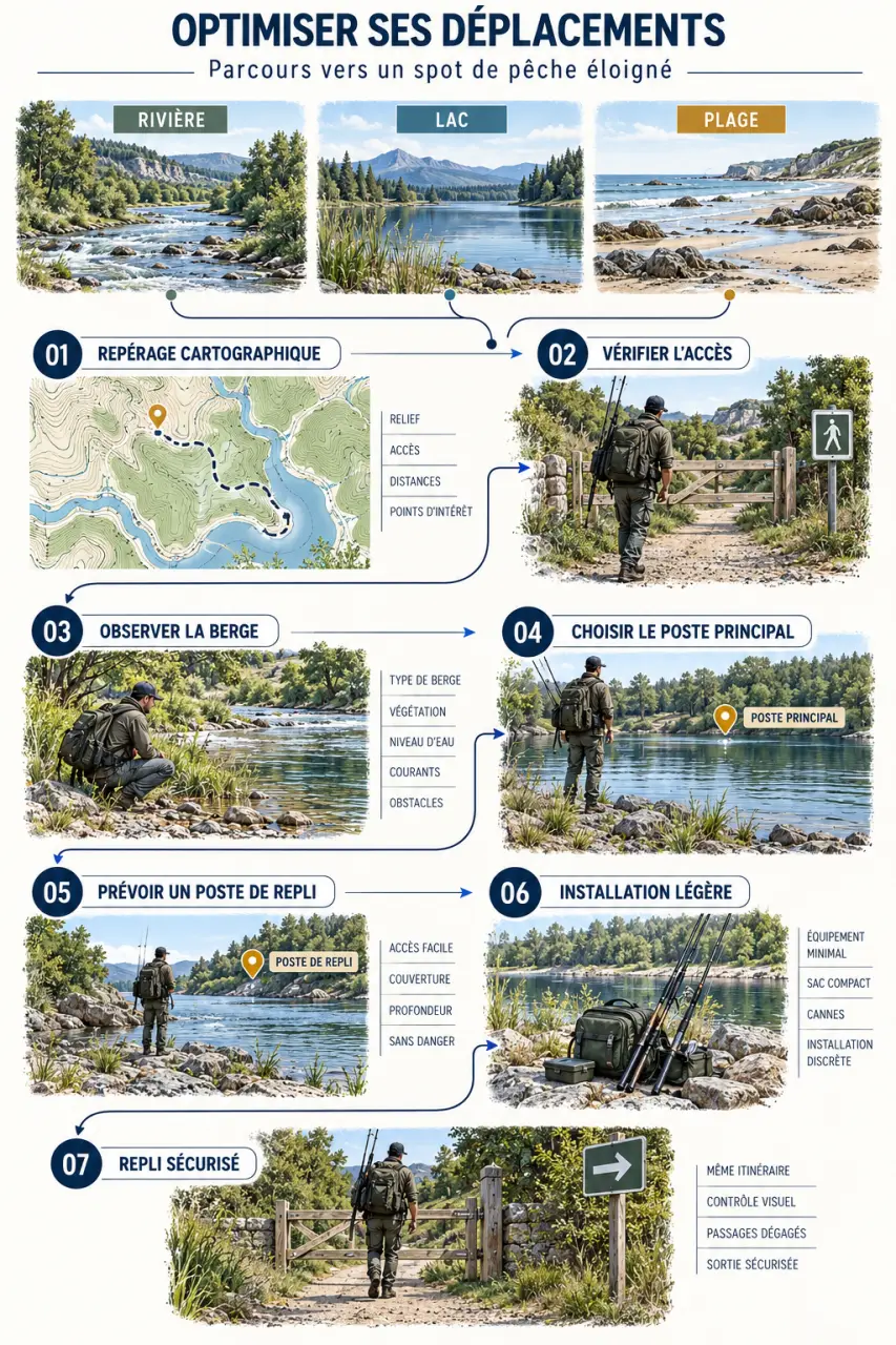 Infographie pour optimiser ses déplacements sur les spots de pêche éloignés, du repérage au repli sécurisé