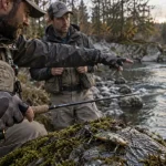 Guide peche : moniteur ajuste la canne au bord de la rivière