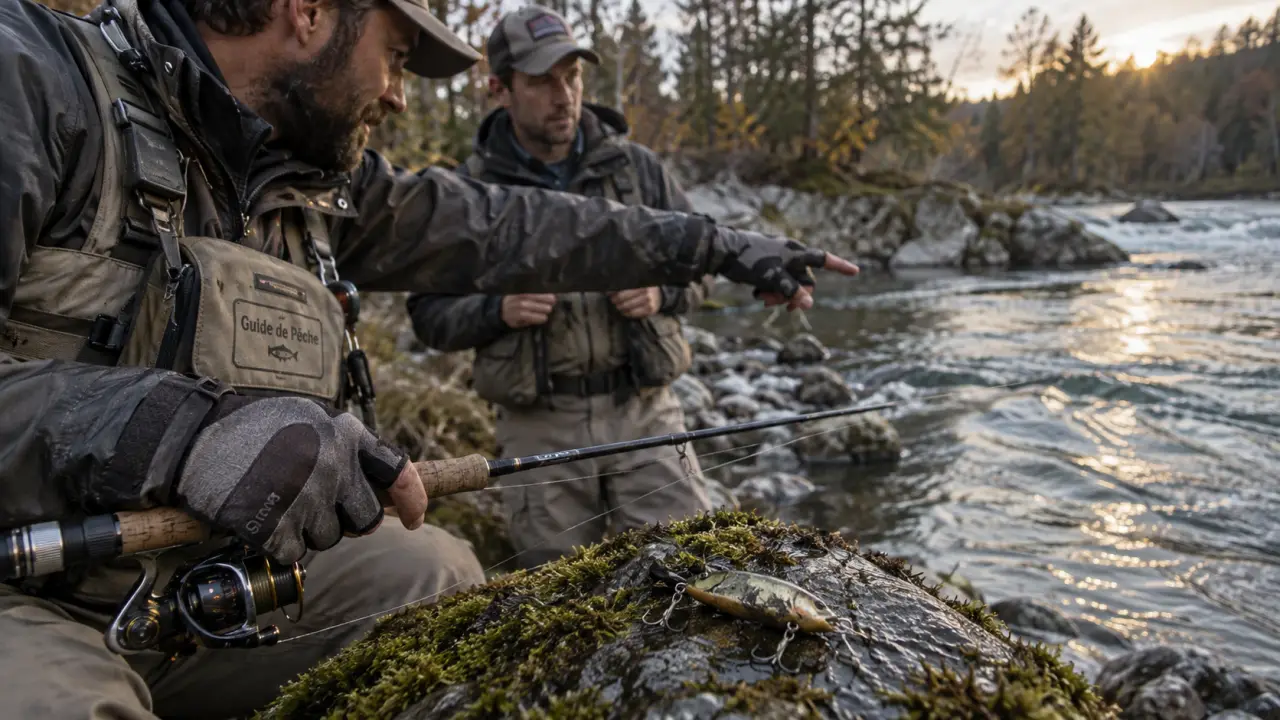 Guide peche : moniteur ajuste la canne au bord de la rivière
