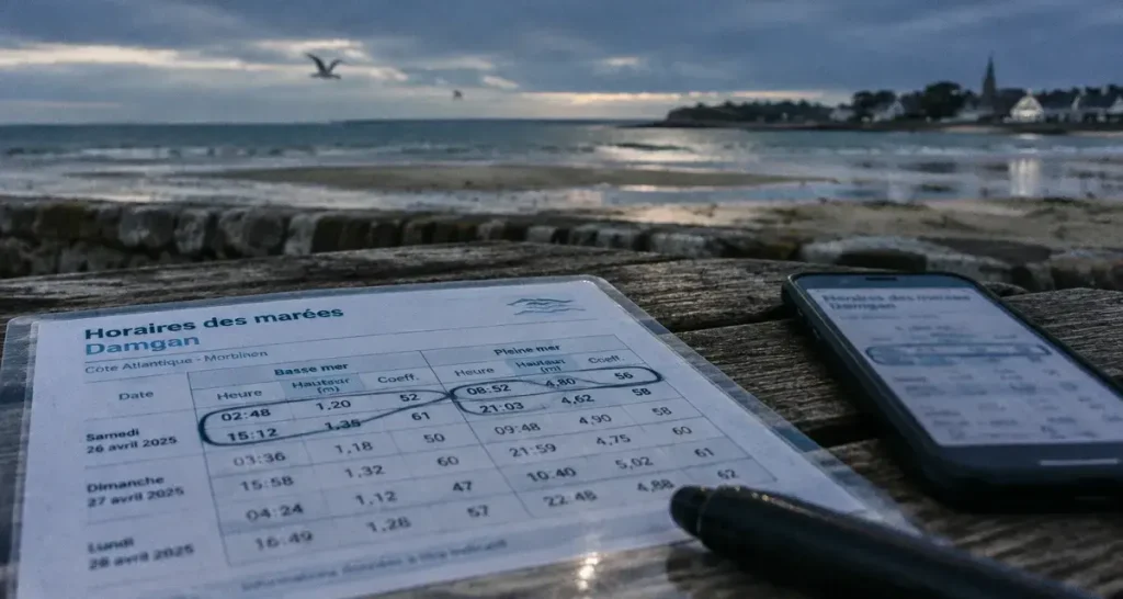 Horaires des marées à Damgan : basse mer, pleine mer et coefficient à vérifier
