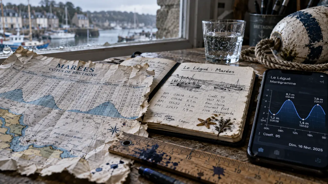Horaires des marées Saint-Brieuc sur une carte, basse mer pour pêcher