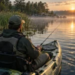 Peche au kayak : pêcheur en gilet flottant, sécurité sur l’eau