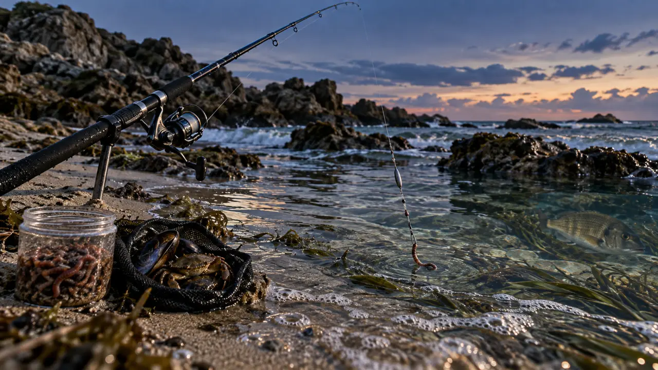 Peche la daurade au surfcasting : canne et appâts sur sable humide