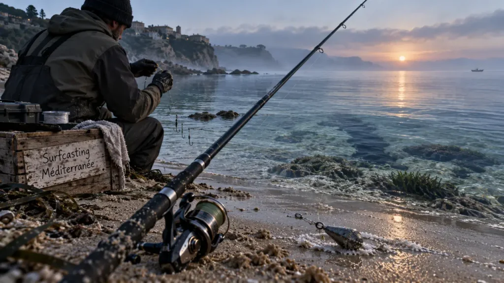 Surfcasting en Méditerranée : mer calme, matériel léger et distance adaptée au fond