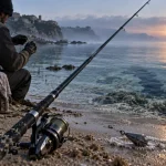 Surfcasting en méditerranée : canne légère sur sable humide, mer calme
