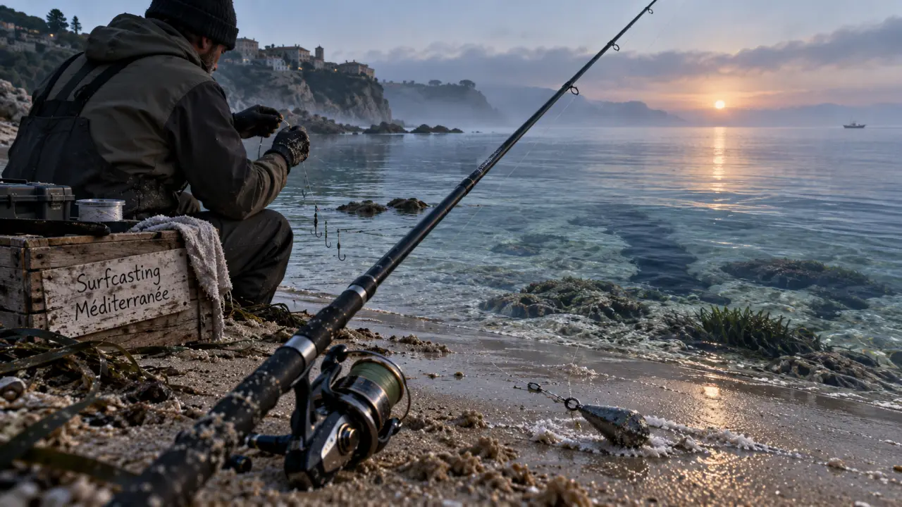 Surfcasting en méditerranée : canne légère sur sable humide, mer calme
